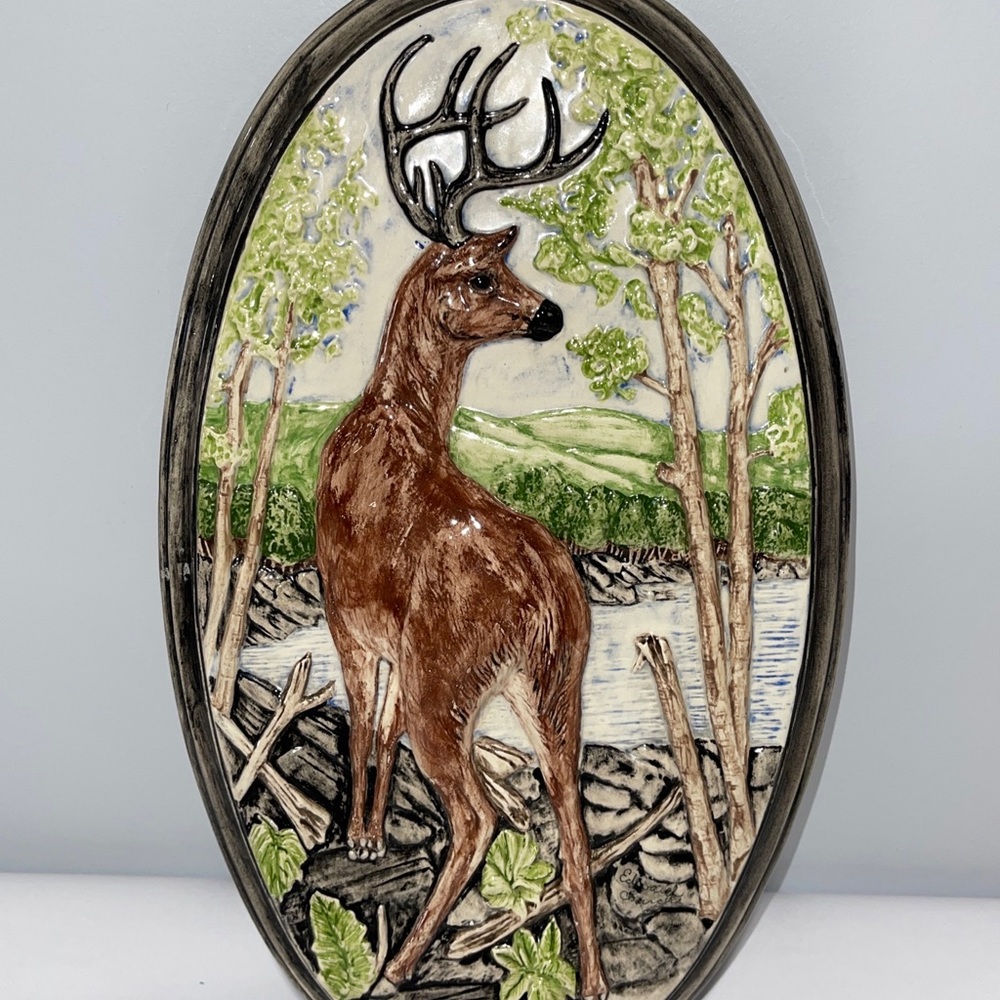 Vintage Holland Mold Large Deer Ceramic Plaque Cabin Decor Wall Art